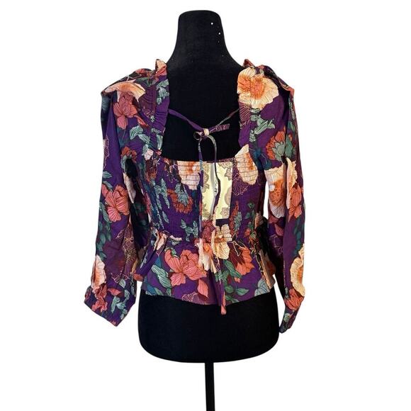 Land of the Free Floral Boho Long Sleeve Smocked Back Top XS Purple Ivory NWT - Picture 2 of 7